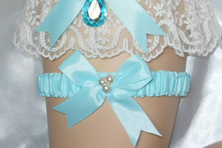 Tiffany Blue satin and Ivory lace traditional garter set with crystal gem drop.