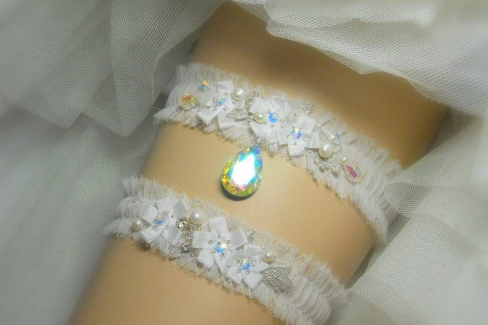 Silk chiffon garter set embellished with real pearls, crystals, silk ribbon flowers and crystal drop gem.