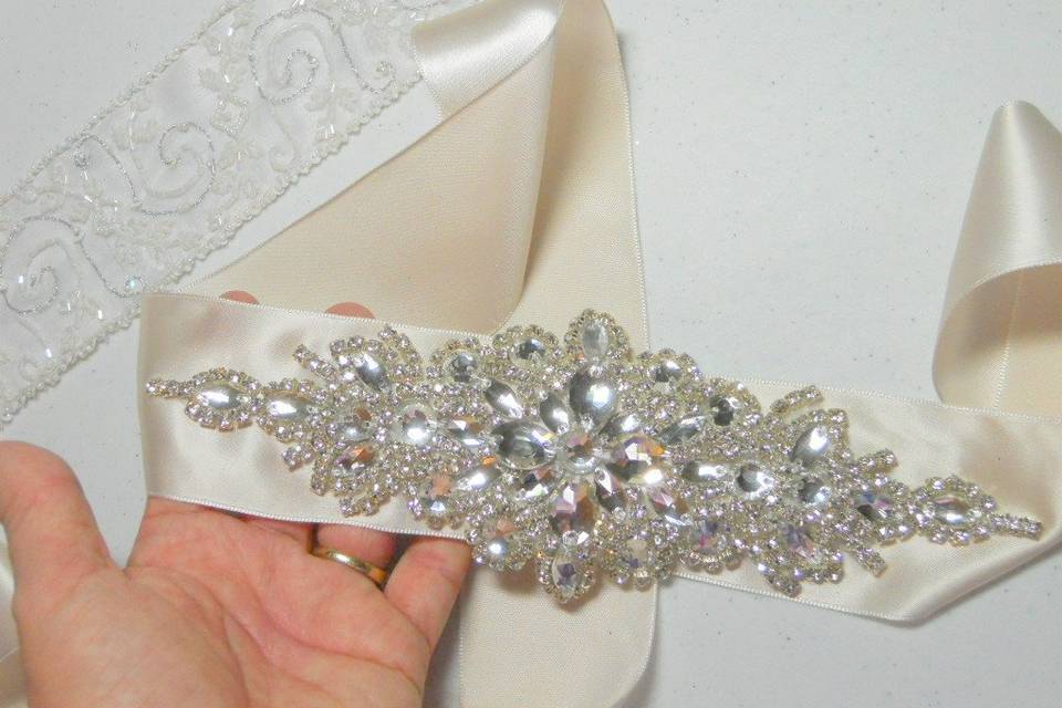 Crystal appliqued sashes in Champagne satin