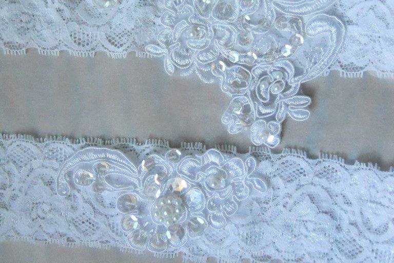 Plus Size garter set in white stretch lace with an applique of embroidered lace with sparkling clear bridal sequins and pearls.