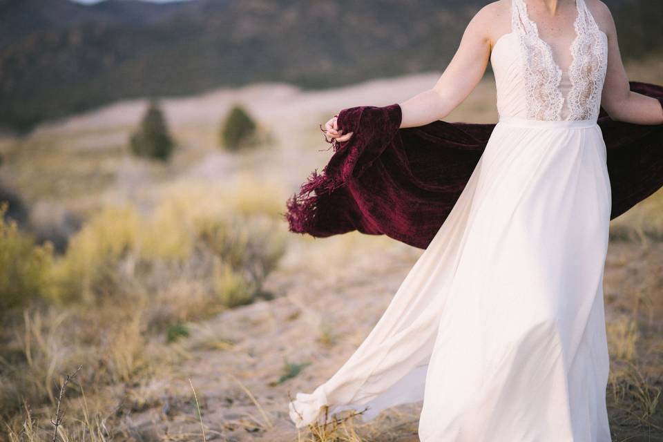 Elegant wedding gown in breeze, Photo Credit: Green Blossom Photography