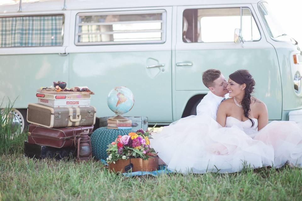 Couple in front of old van, Photo Credit: Becky Schwartz Photography