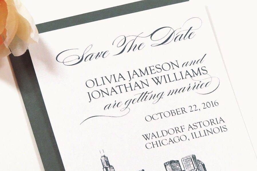 Chicago Skyline Save The Date Wedding Announcement Card - Second City Stationery