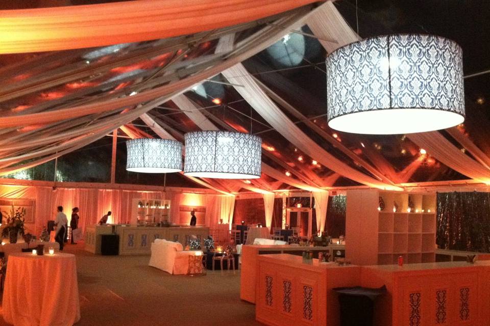 NIGHT TIME VIEW OF CUSTOM DRUM SHADES AND TENT FABRIC ENHANCEMENTS