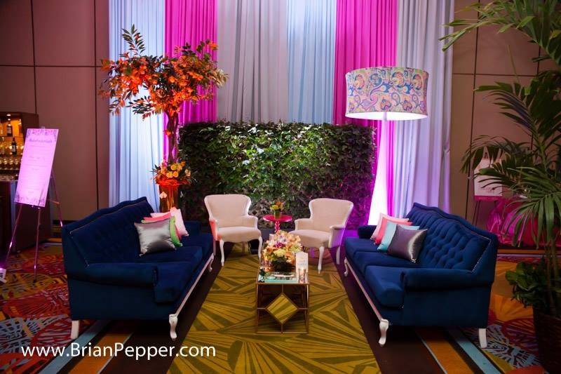 KNIT DRAPE BACKDROP WITH OUR CUSTOM FLOOR LAMP & IVY WALLS