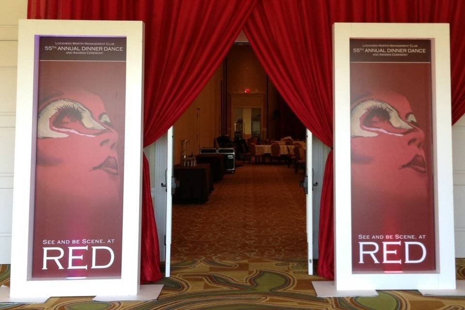 9' TALL ALLURE PANELS WITH CUSTOM GRAPHIC INSERT AND RED TERGALET DRAPE
