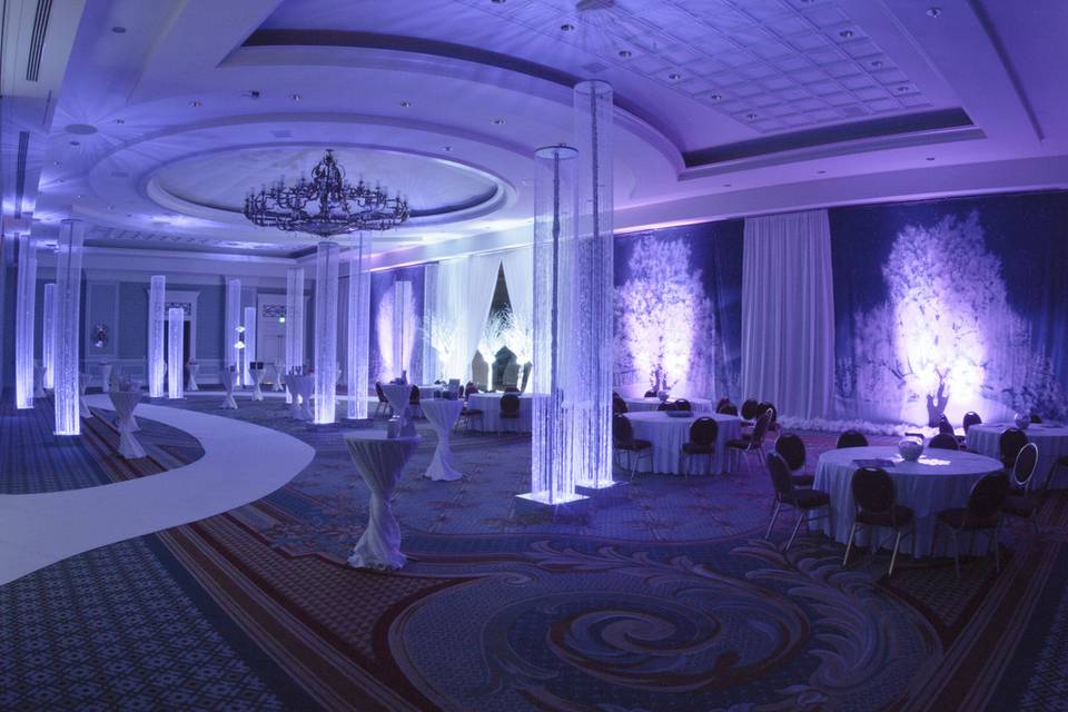 WINTER WONDERLAND SCENIC BACKDROP WITH CRYSTAL TOWER FOREST & CUSTOM CUT MEANDERING CARPET WALKWAY