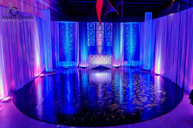 CRYSTAL TOWERS, SAHARA PANELS, OUR DJ BOOTH WITH CUSTOM INSERT AND ROUND DANCE FLOOR
