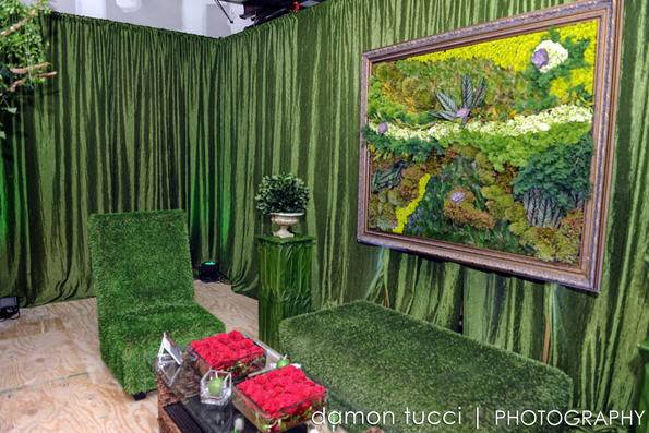 MOSS TERGALET WITH CUSTOM FLORAL DESIGN BY RAINING ROSES AND GRASS FURNITURE BY AFR FURNITURE RENTAL