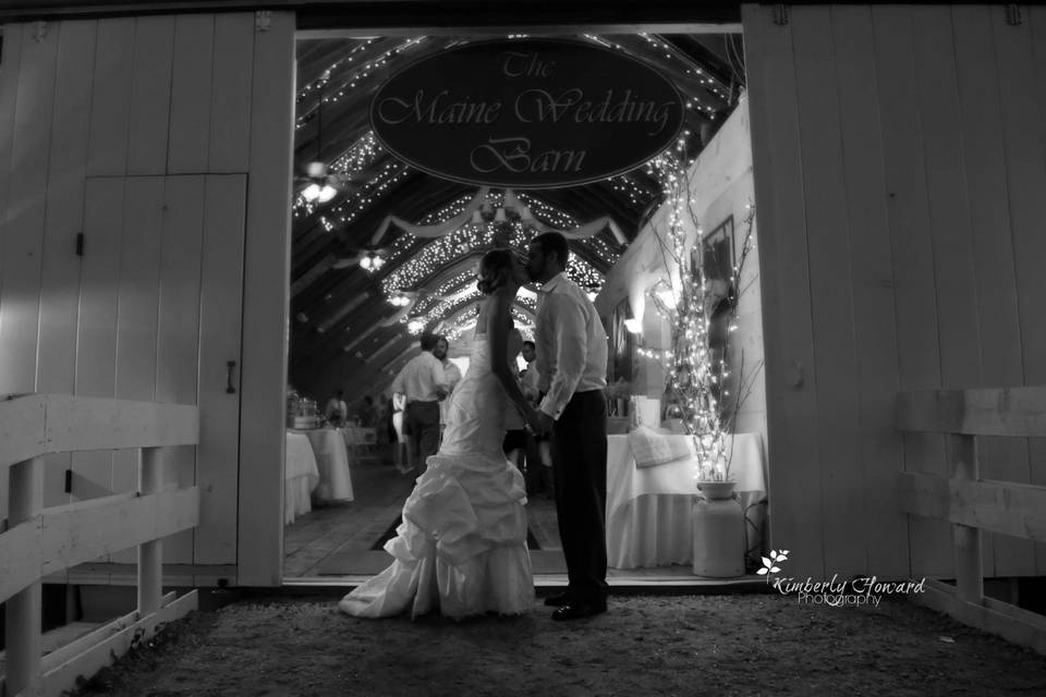 Maine wedding barn front entrance... Kiss!