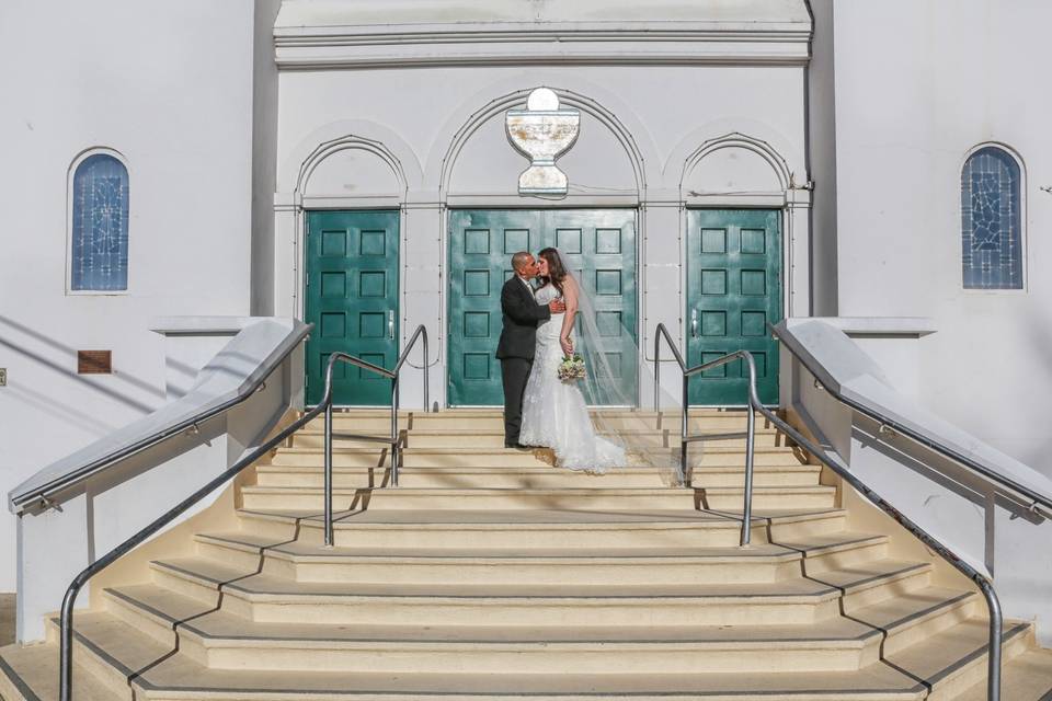 Newlyweds on the stairs
