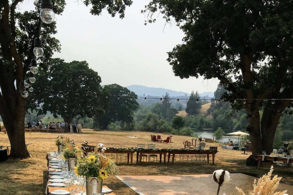 Wild fire look out at this wedding, the plates and glass wear are being protected from the ash.  The wedding was evacuated and continued at another location.