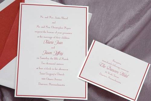 This bright white invitation is framed with crystal foil and crimson ink. It is simple, yet striking!