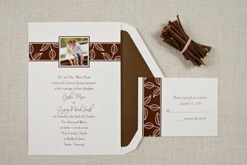 Fall in love with this adorable invitation! Your favorite photograph is surrounded by an autumn leaf pattern in mocha.