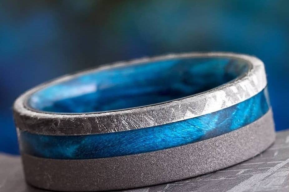 Blue wood meteorite ring