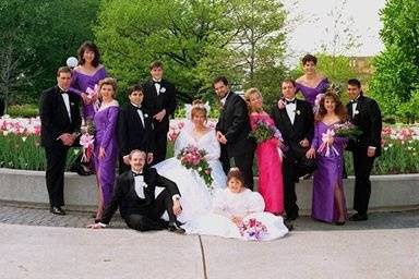 The couple with the bridesmaids and groomsmen