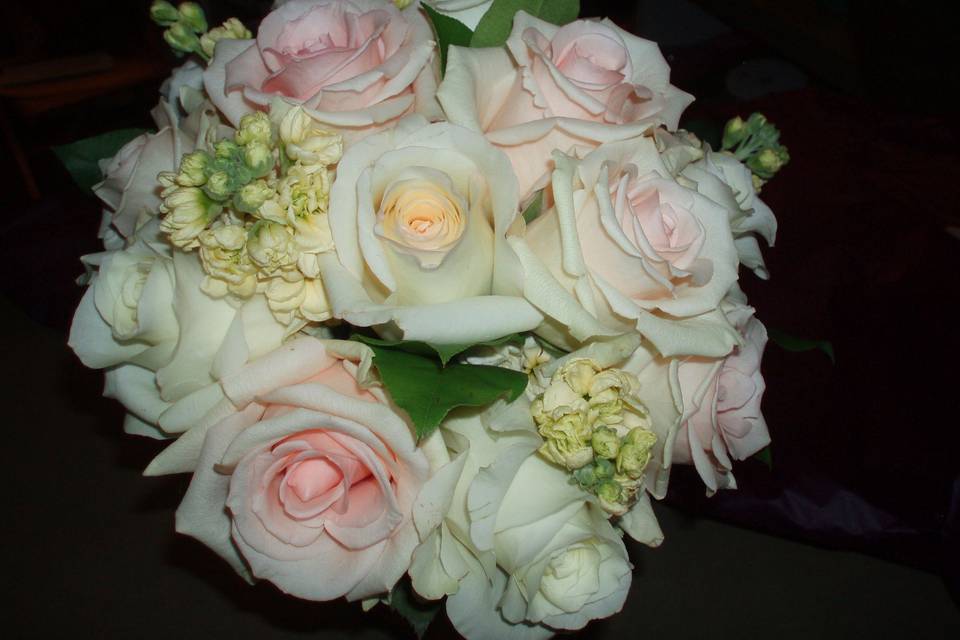 Bride's bouquet of pink and cream with stock and roses
