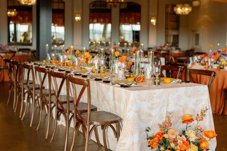 Orange draped ballroom