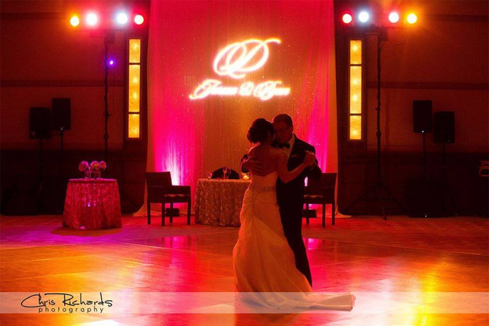 Our concert-level dance floor lighting, along with pink uplighting and a custom gobo, helped set the tone for this father/daughter dance.