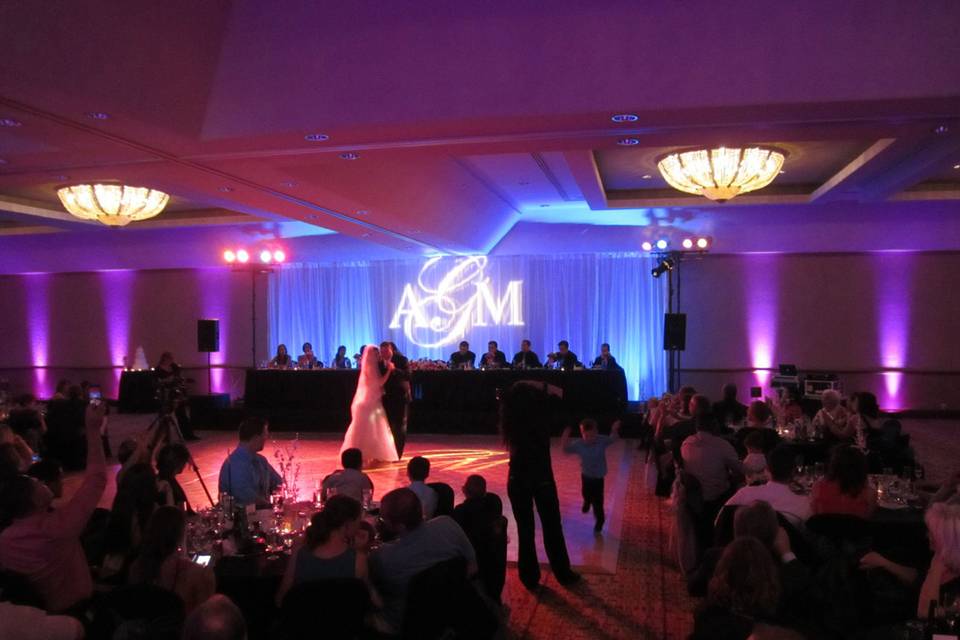 In addition to being the DJ/MC, we provided all the lighting, including the custom gobo, for this wedding at the Hilton Tapatio Cliffs in Phoenix.