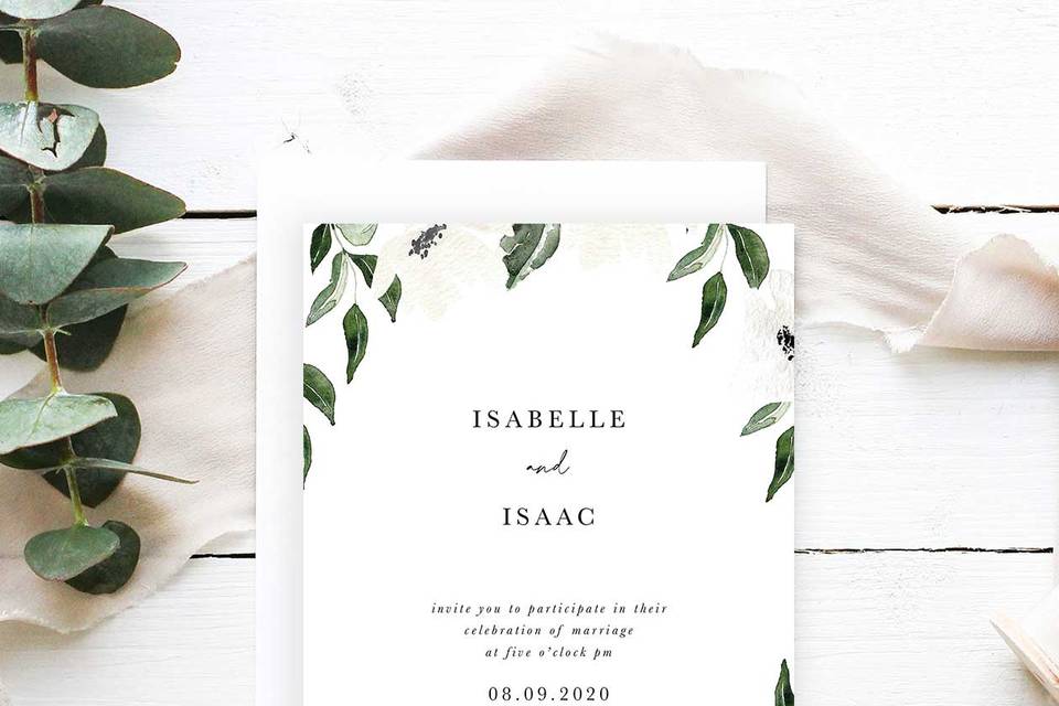 Isabelle and Isaac watercolor invite with foliage