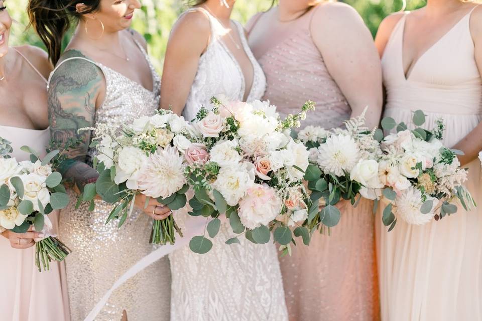 Blush and white bride squad