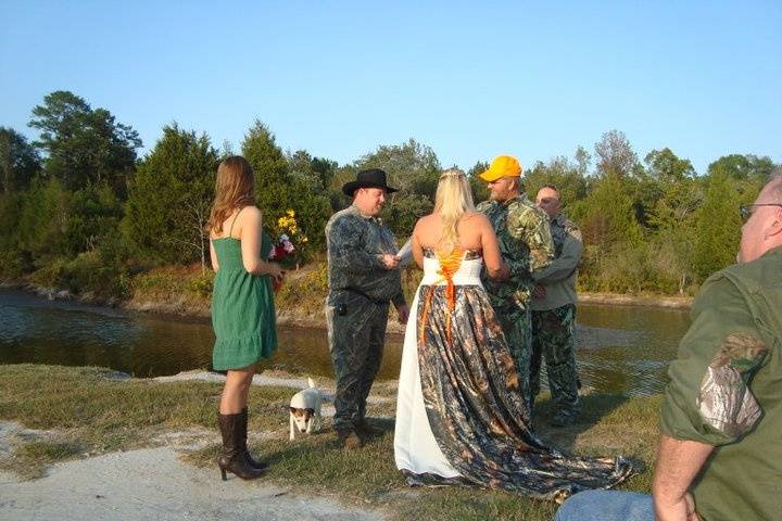 This couple had a fun wedding at a hunting camp!