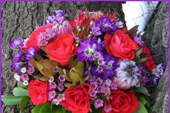 coral and purple bouquet