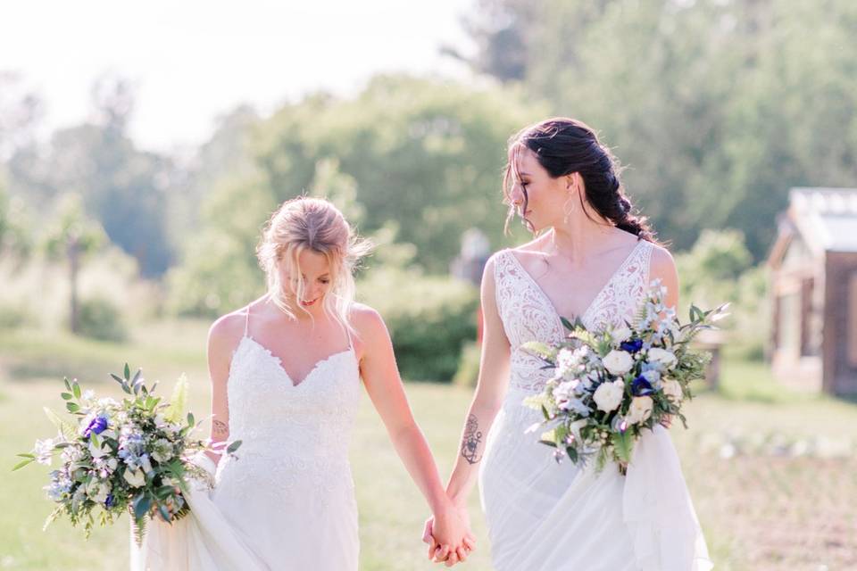 Blue and white bouquets