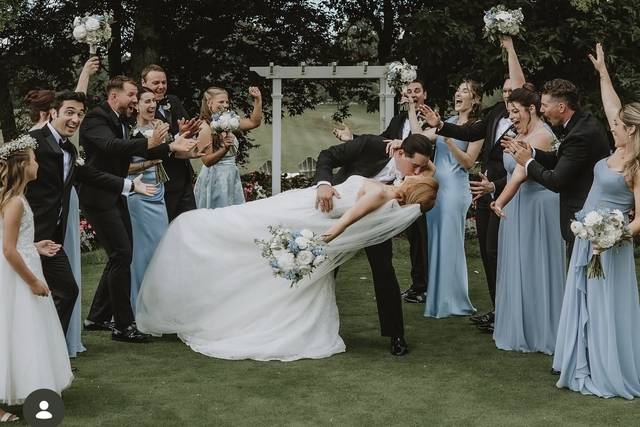 Blue and white wedding florals