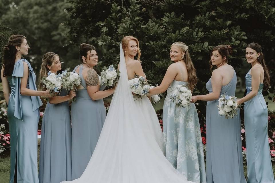 Blue and white wedding florals
