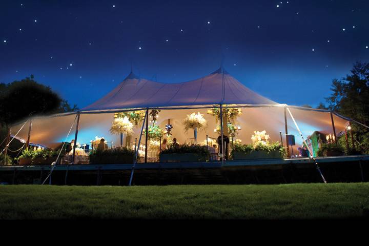 Outdoor reception under the big top and stars in Cape Elizabeth, Maine.