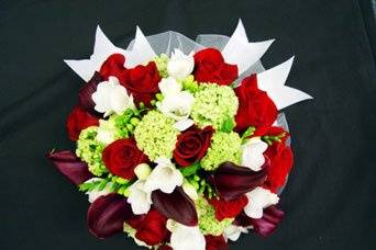 Burgundy Calla Lily/Red Roses/White Freesia Wedding Bouquet