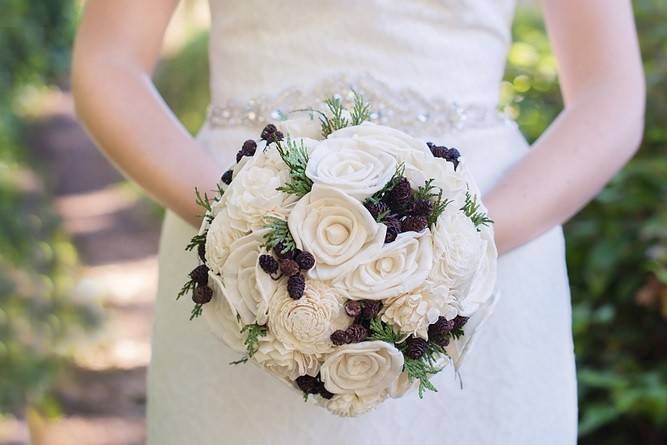 Rustic Keepsake Bridal Bouquet made with preserved cedar, miniature pinecones and sola flowers or balsa wood flowers