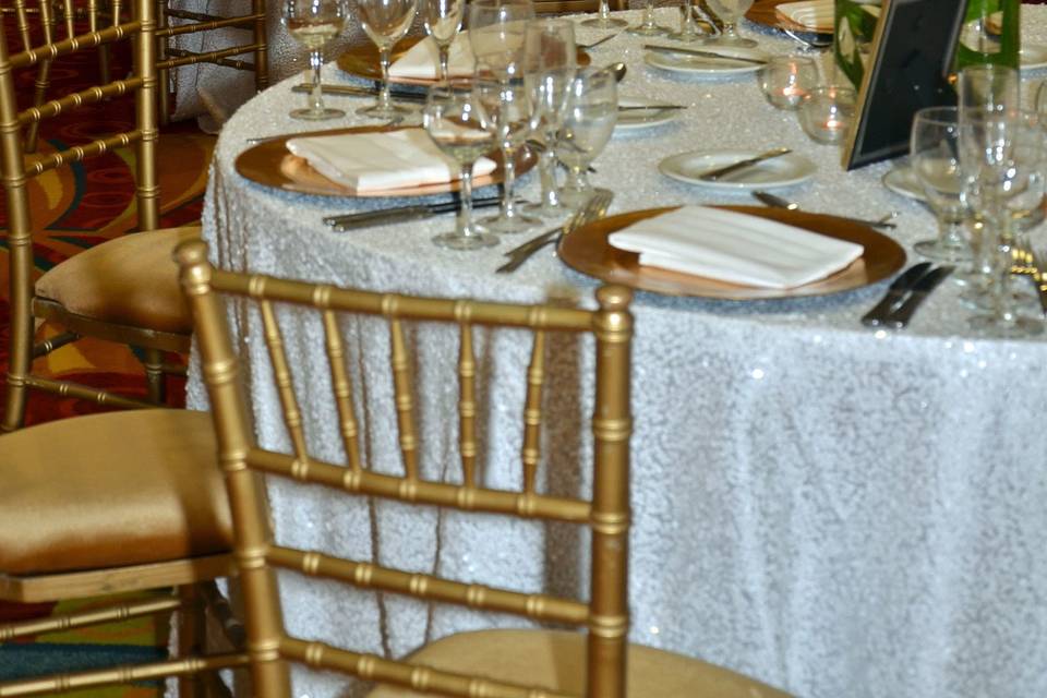 Reception space in our clearwater ballroomlinens/chairs: kate ryan linensdecor: tas eventsphotography: boone's professional events cake: corey's bakerydrapery: cheers! Events