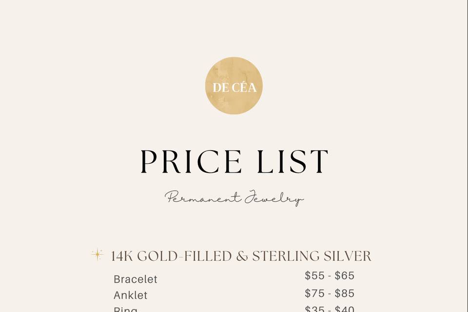 Permanent Jewelry Price List