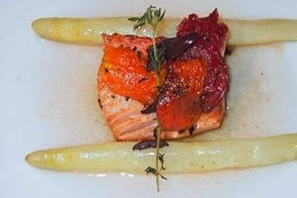 Pan Roasted Salmon with White Asparagus, Tomato Confit and Tomato Broth