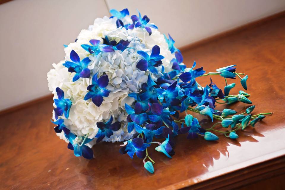 Blue orchids and hydrangeas bouquet