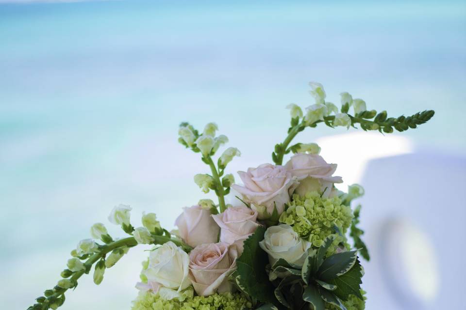 Pastel arrangement of snaps, roses, mini green hydrangeas and pittosporum