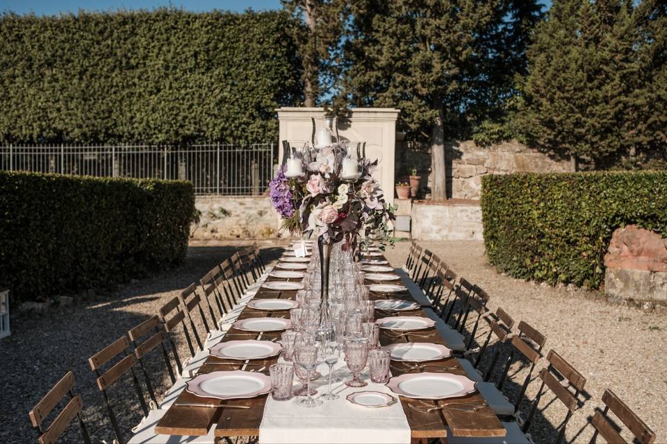 Wedding tables set outside for guests