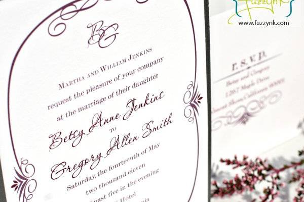 Signature Collection Wedding Invitations - Betsy Suite
Customize with your choice of color, font, and wording.  Available print methods: letterpress, thermography, offset or digital.