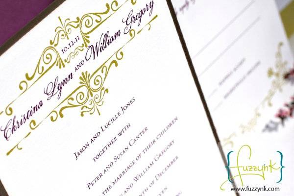Signature Collection Wedding Invitations - Christina Suite
Customize with your choice of color, font, and wording.  Available print methods: letterpress, thermography, offset or digital.