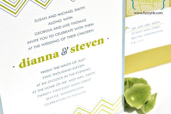 Signature Collection Wedding Invitations - Dianna Suite
Customize with your choice of color, font, and wording.  Available print methods: letterpress, thermography, offset or digital.