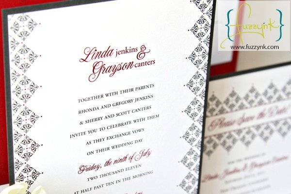 Signature Collection Wedding Invitations - Linda Suite
Customize with your choice of color, font, and wording.  Available print methods: letterpress, thermography, offset or digital.