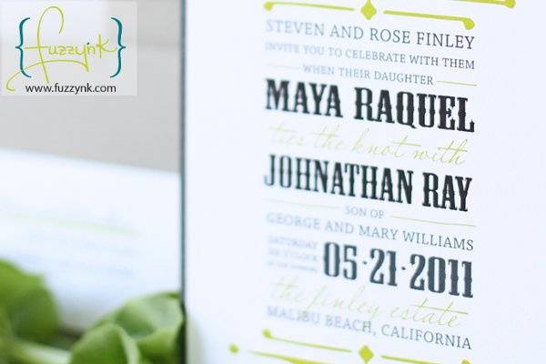 Signature Collection Wedding Invitations - Maya Suite
Customize with your choice of color, font, and wording.  Available print methods: letterpress, thermography, offset or digital.