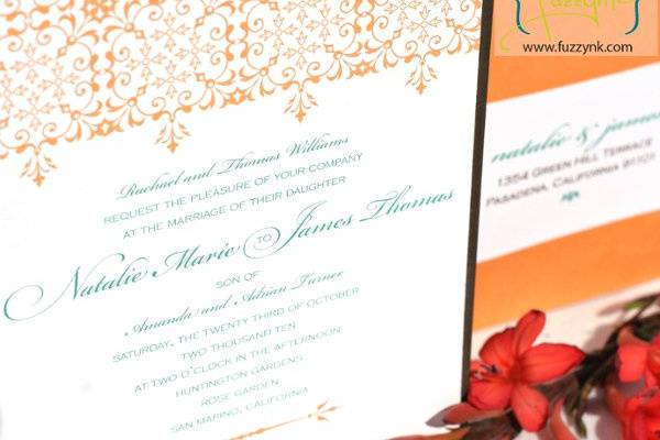 Signature Collection Wedding Invitations - Natalie Suite
Customize with your choice of color, font, and wording.  Available print methods: letterpress, thermography, offset or digital.