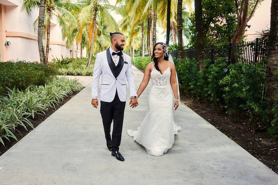 Bride and groom walking