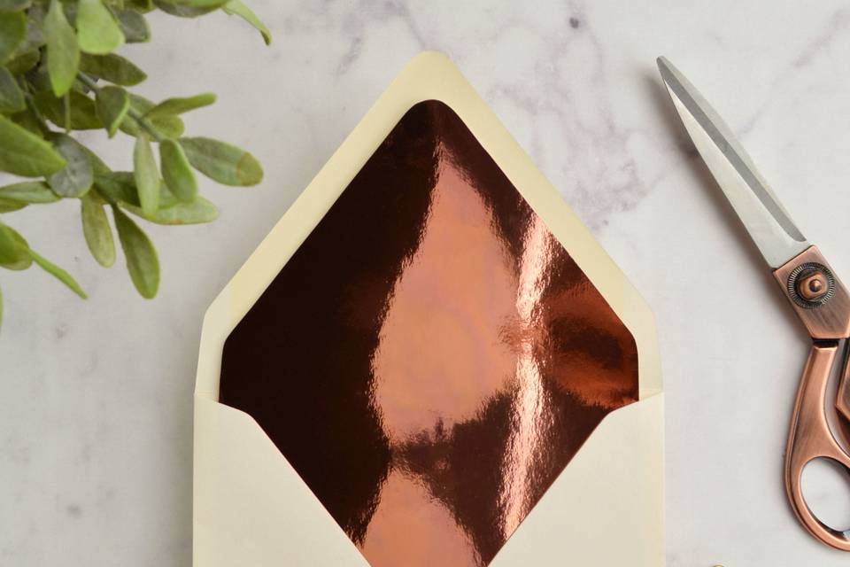 Mirror Copper Envelope liner in Vellum White euro flap envelope.