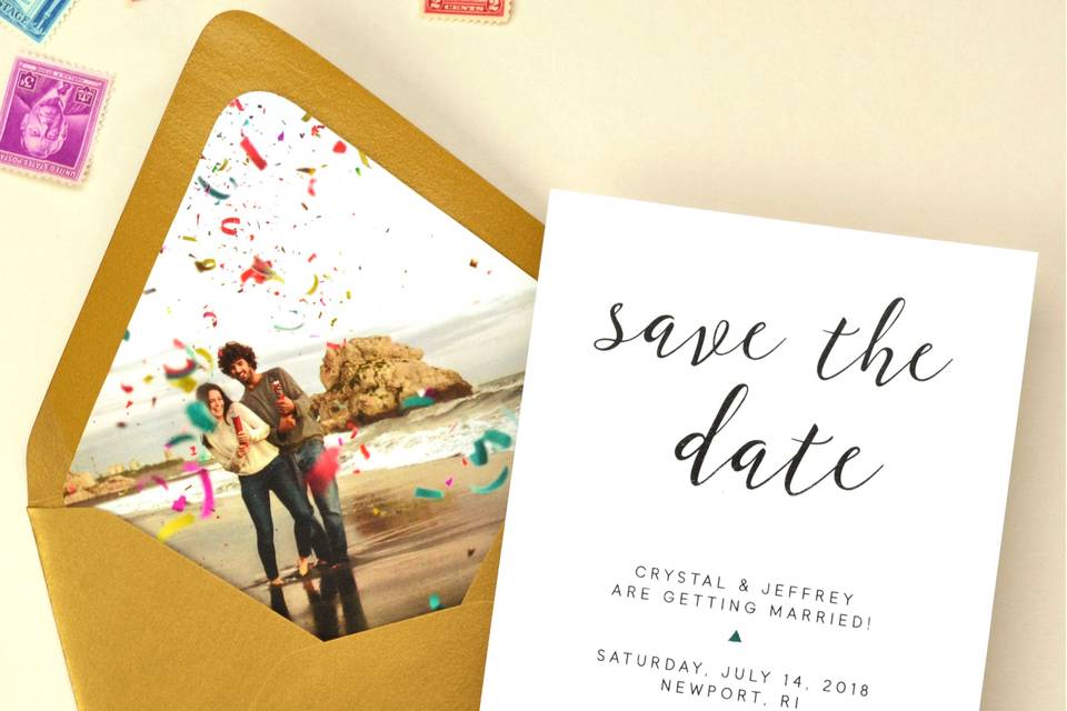Custom printed envelope liner for a unique save the date.