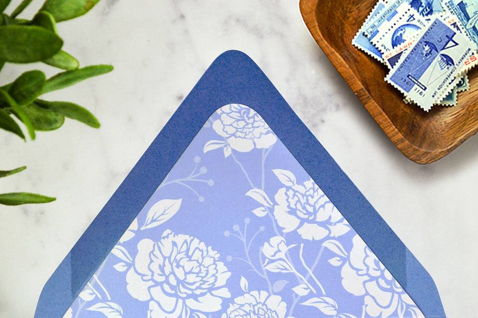 Envelope liners add so much personality to your invitations! Peonies patterned liner in New Blue euro flap envelope